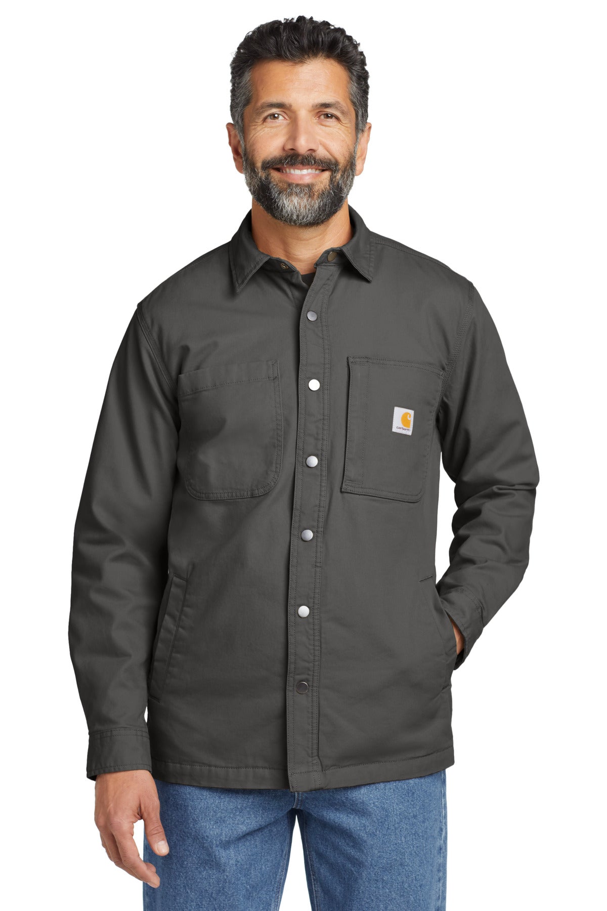 Carhartt Rugged Flex fleece-lined shirt jacket in shadow grey, front view showing durable fabric and comfortable fit.