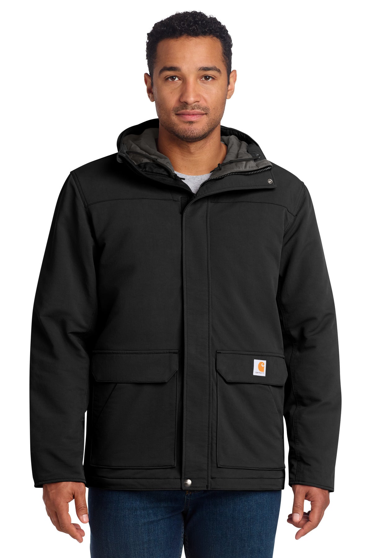 Black Carhartt Super Dux Insulated Hooded Coat model front view, showcasing the durable, warm outdoor jacket with a hood.
