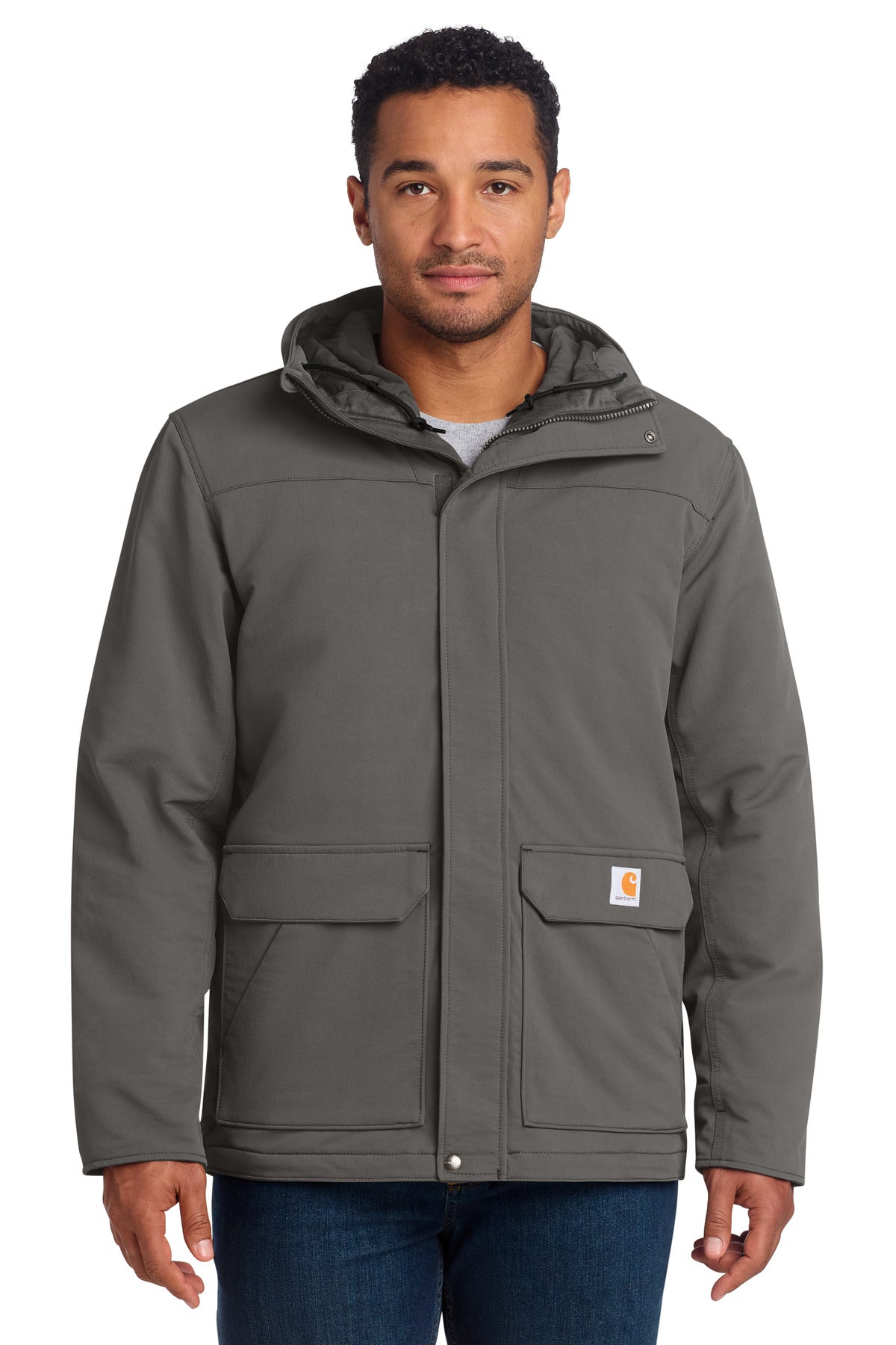 Carhartt Super Dux insulated hooded coat in gravel color, front view showing durable fabric and insulated hood for cold weather.