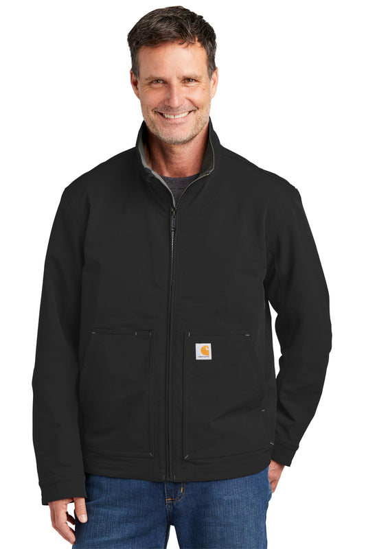 Black Carhartt Super Dux soft shell jacket worn by a model, front view showing durable, water-resistant outer fabric and adjustable hood.