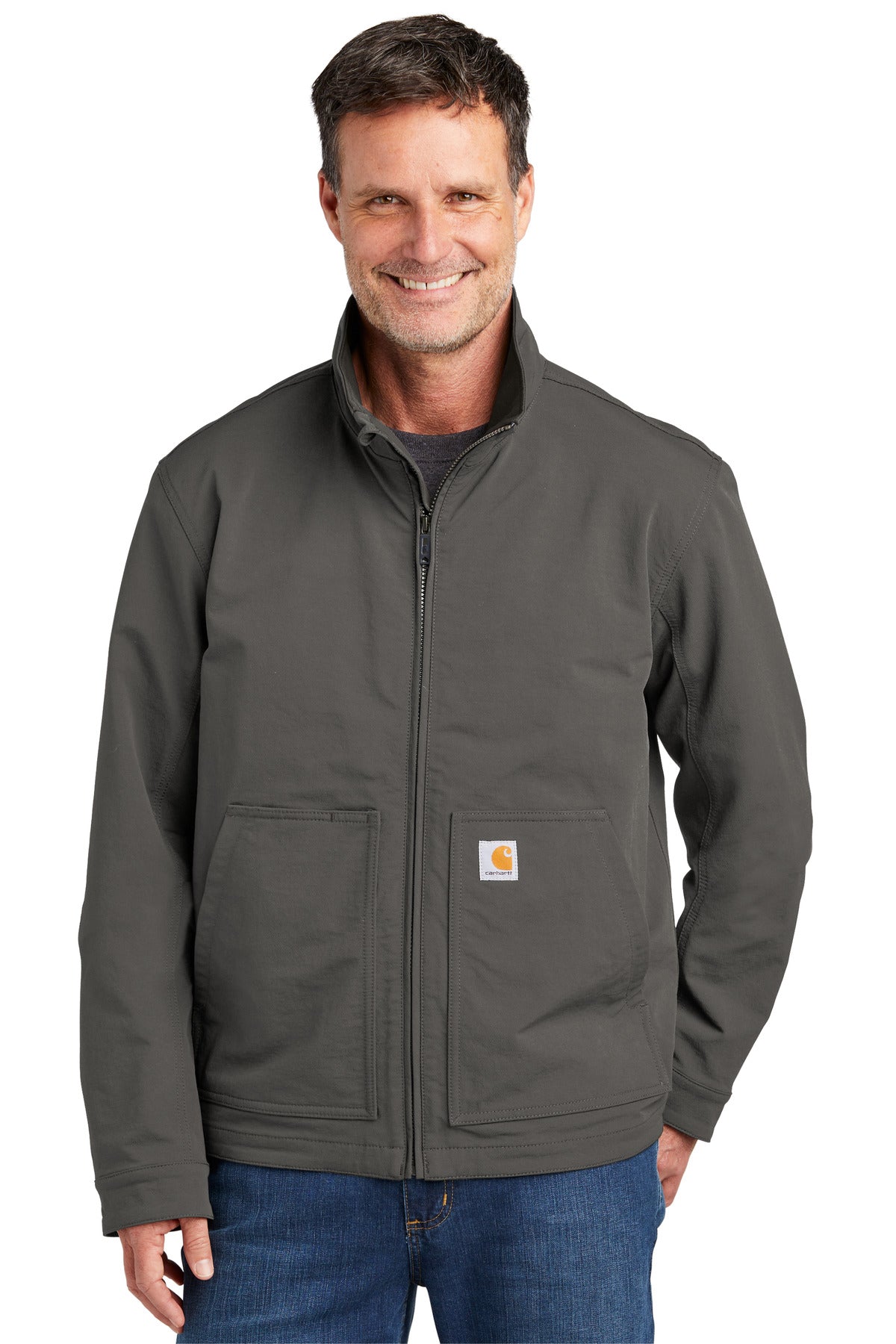 Carhartt Super Dux soft shell jacket in gravel color, front view showing durable fabric and modern design.