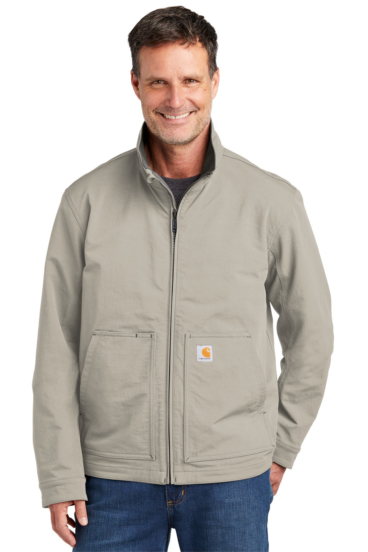 Carhartt Super Dux soft shell jacket in greige, front view showing durable fabric and sleek design.