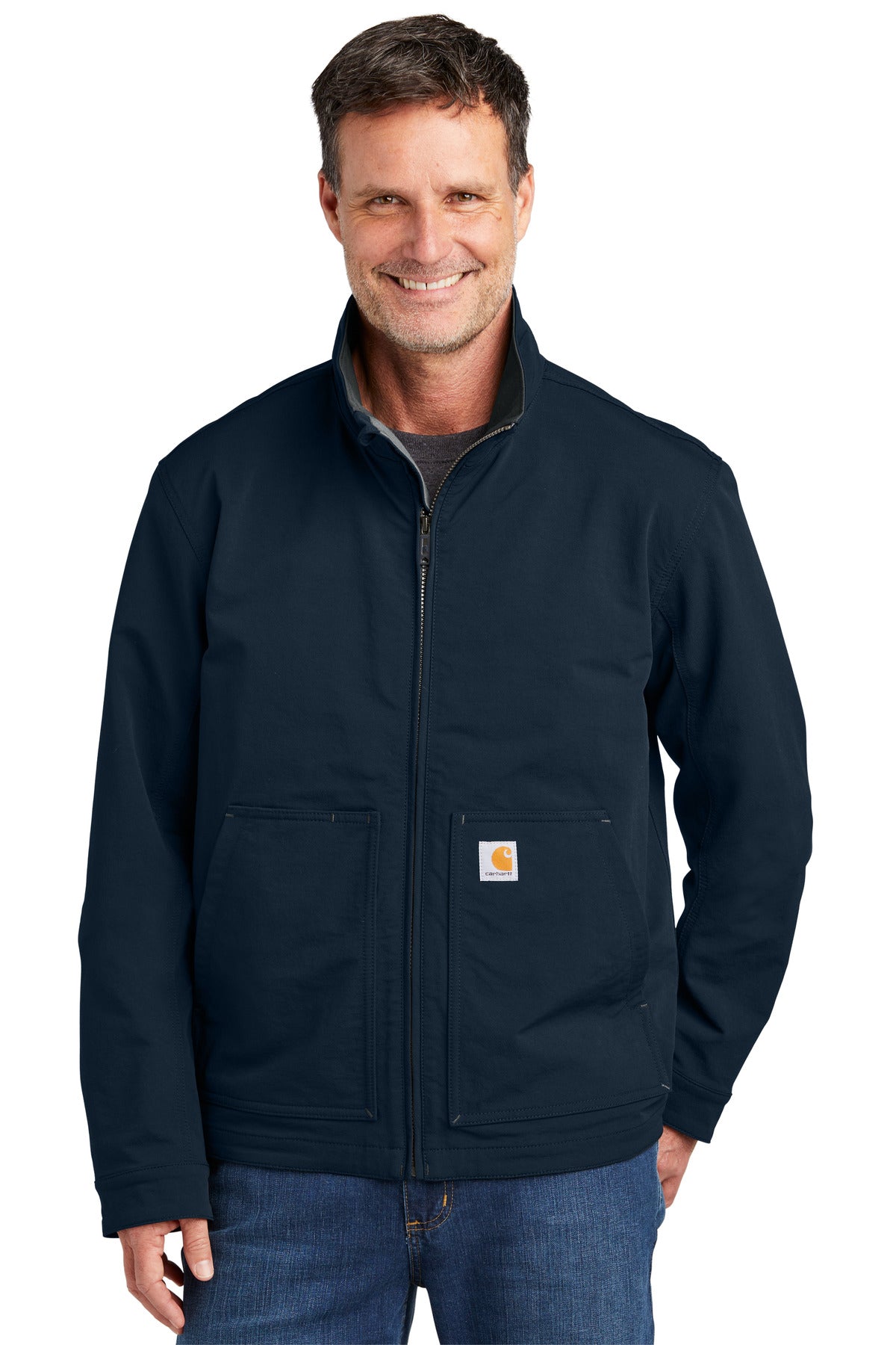 Navy Carhartt Super Dux Soft Shell Jacket CT105534 displayed on a model, front view showing durable exterior and sleek design.