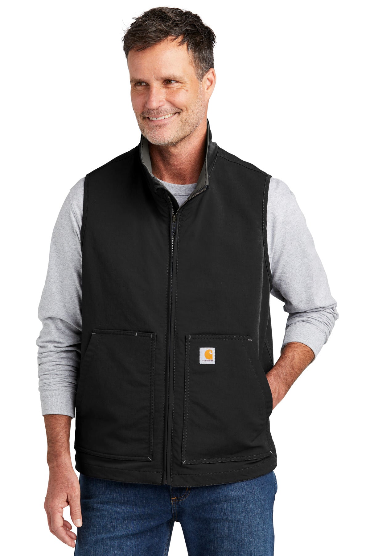 Black Carhartt Super Dux soft shell vest, front view on model, featuring a sleek, fitted design and durable fabric for outdoor wear.