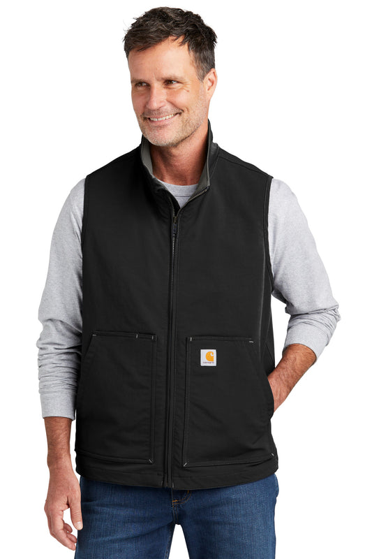 Black Carhartt Super Dux soft shell vest, front view on model, featuring a sleek, fitted design and durable fabric for outdoor wear.