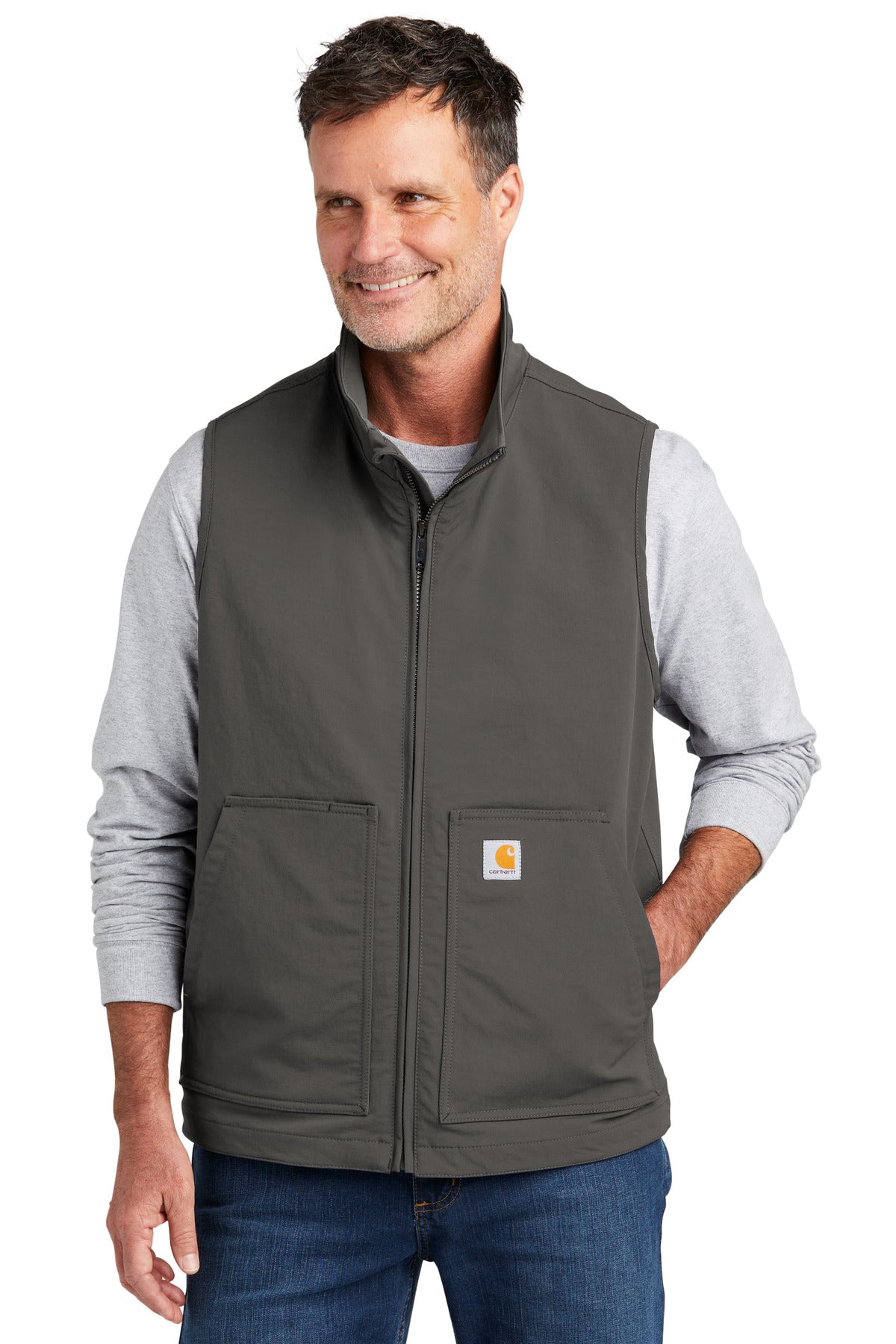 Carhartt Super Dux soft shell vest in gravel, front view showing durable fabric and sleek design.