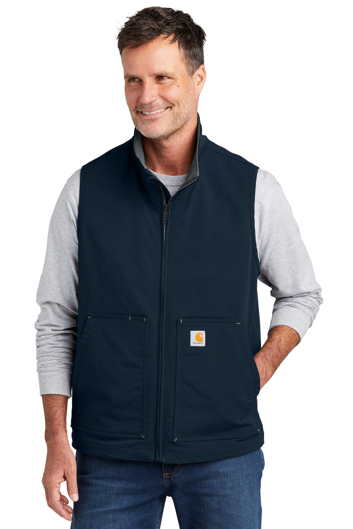 Navy Carhartt Super Dux soft shell vest model front view, showcasing durable outer fabric and sleek design.