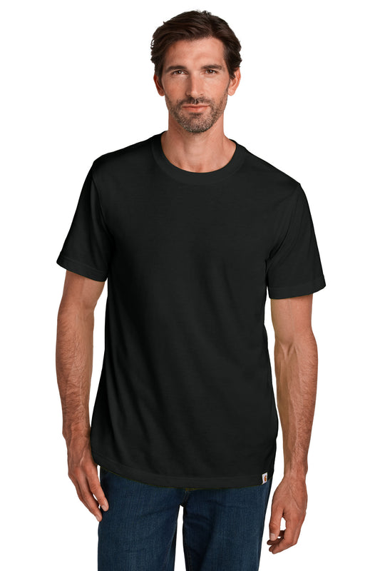 Black Carhartt short sleeve T-shirt with crew neck, worn by a model, showcasing the front view.