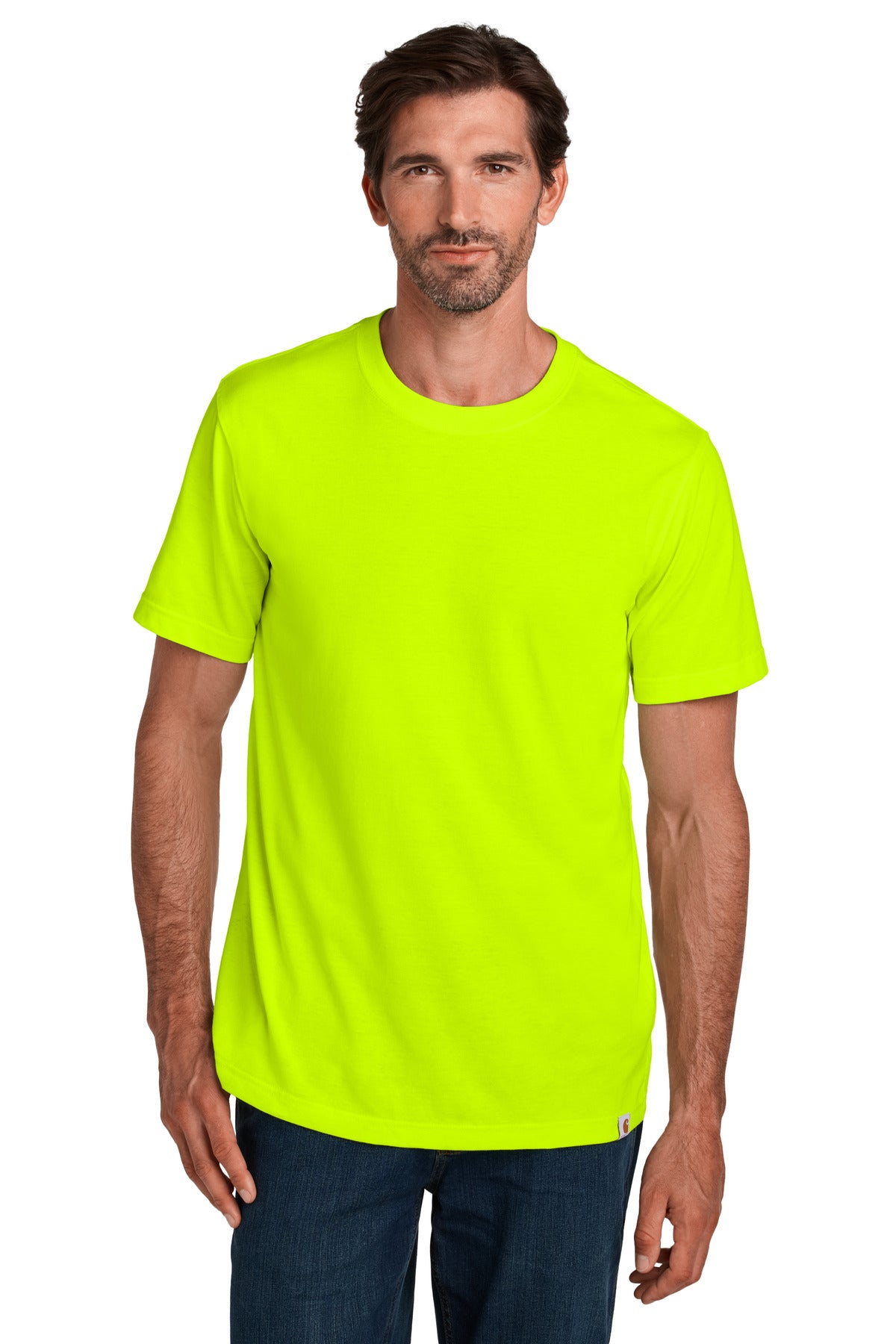 Carhartt short sleeve T-shirt in brite lime color, front view showing logo and casual fit, model wearing it.