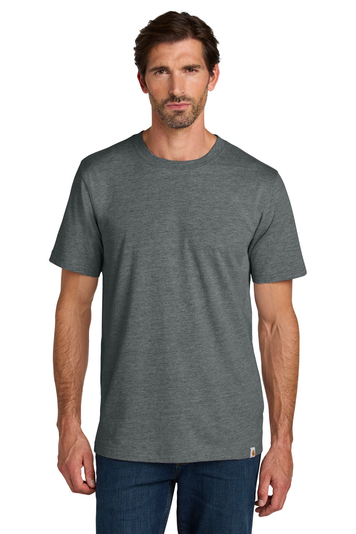 Carhartt short sleeve T-shirt in carbon heather color, front view showing classic fit and soft fabric.