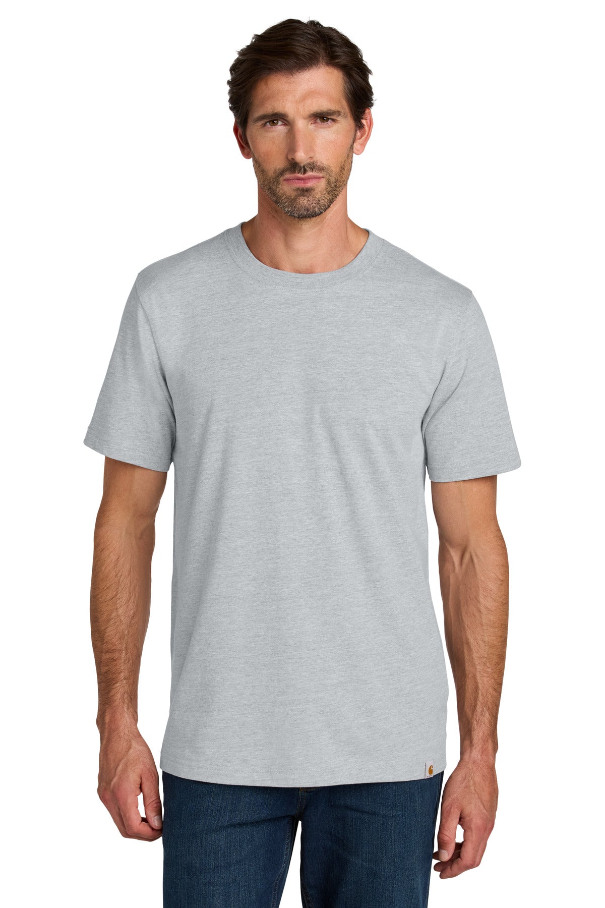 Carhartt short sleeve T-shirt in heather grey, front view showing classic fit and soft cotton fabric.