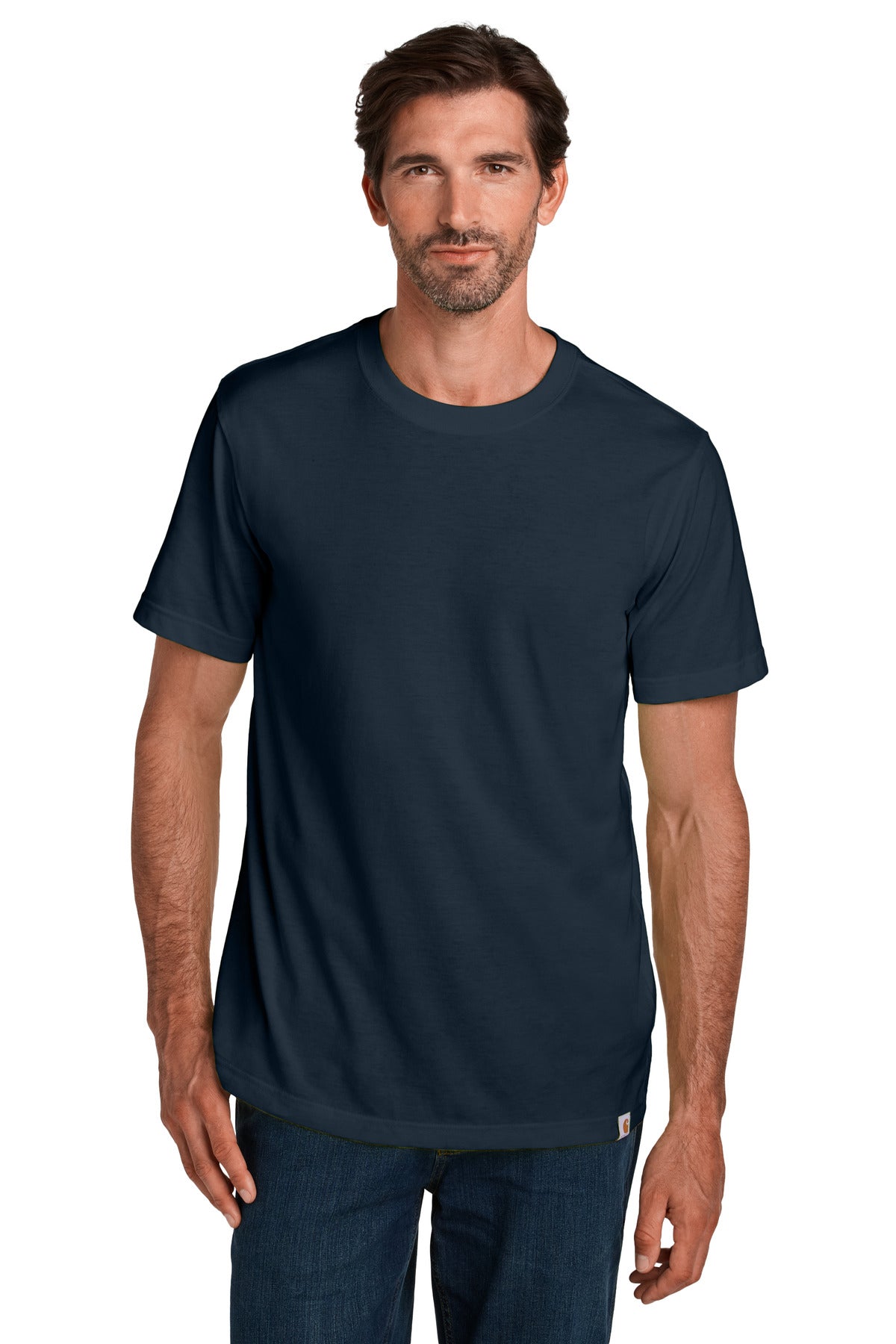 Navy Carhartt short sleeve T-shirt CT106020 worn by a model, showing front view with logo detail.