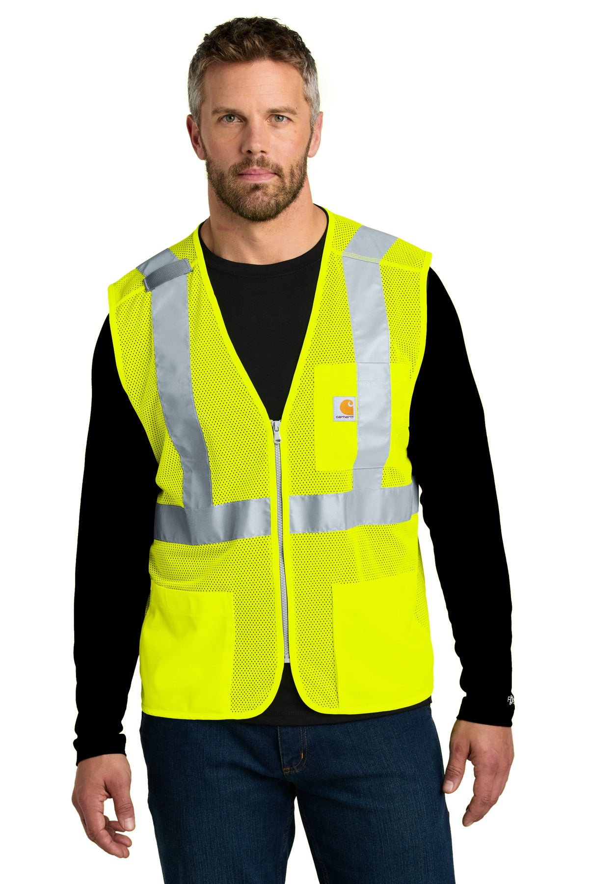 Carhartt ANSI Class 2 mesh zip-front safety vest in brite lime with front zipper and reflective strips, model facing forward.