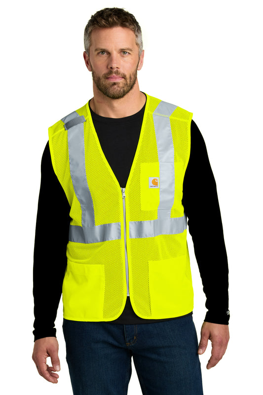 Carhartt ANSI Class 2 mesh zip-front safety vest in brite lime with front zipper and reflective strips, model facing forward.