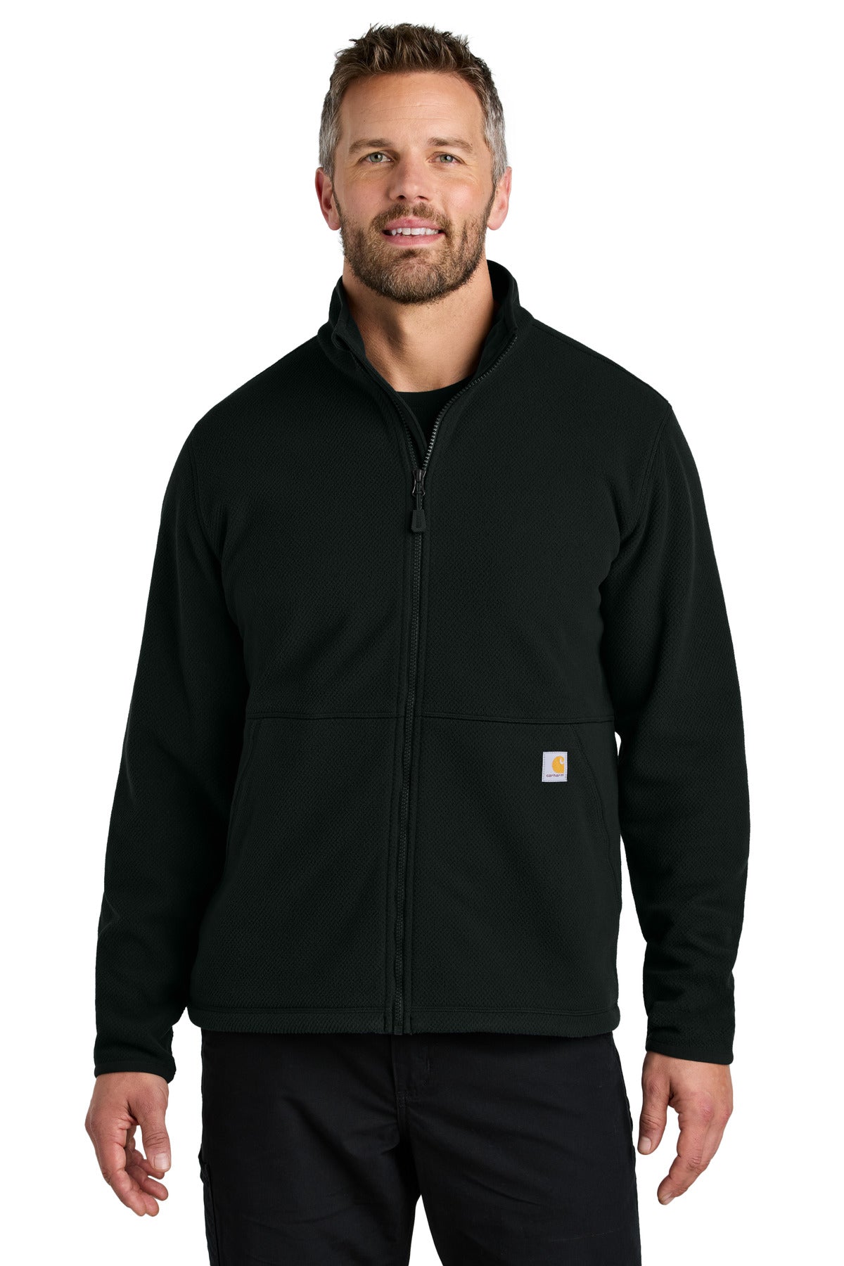 Black Carhartt textured full-zip fleece jacket with front pockets, worn by a model, showcasing the stylish and warm design.