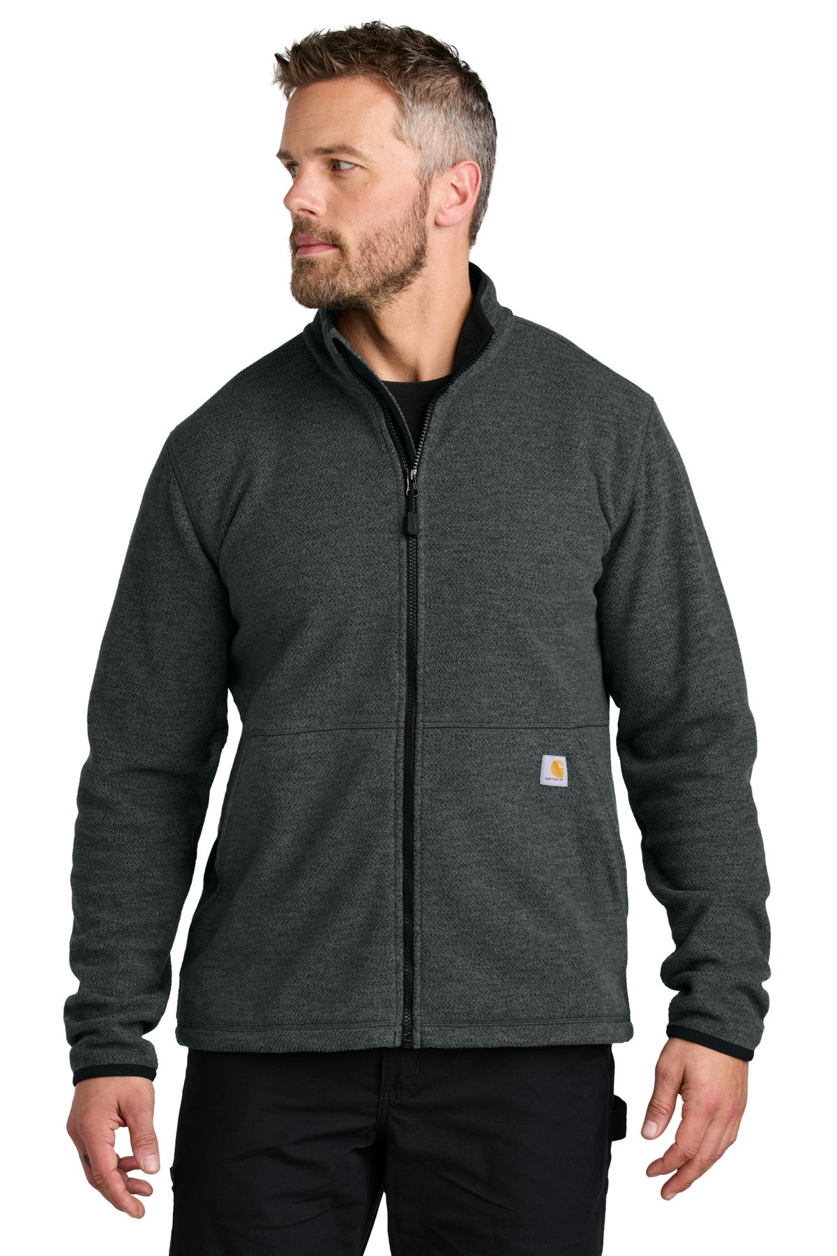 Carhartt textured full-zip fleece jacket in carbon heather, shown from the front with a standing collar and zip closure.