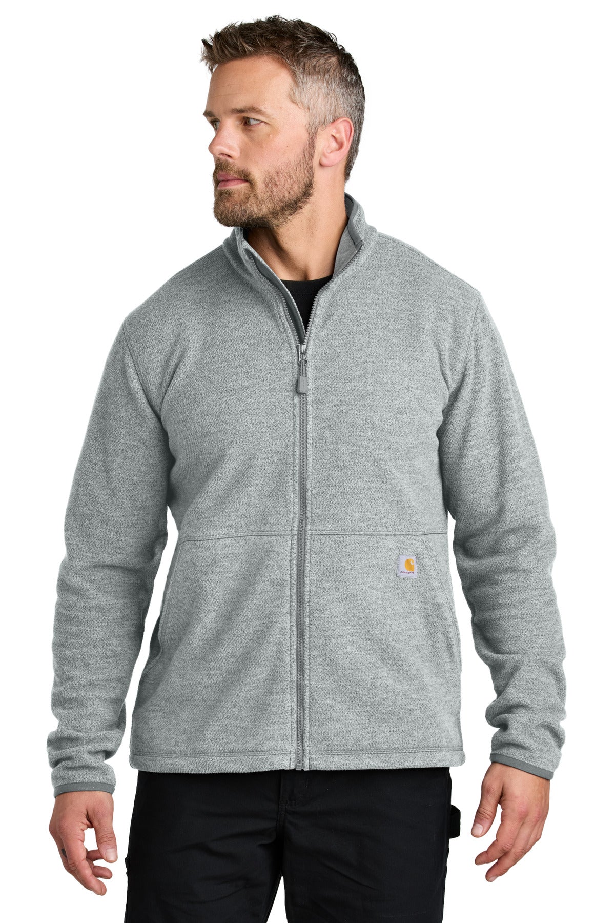 Carhartt textured full-zip fleece jacket in heather grey, shown from the front on a model.