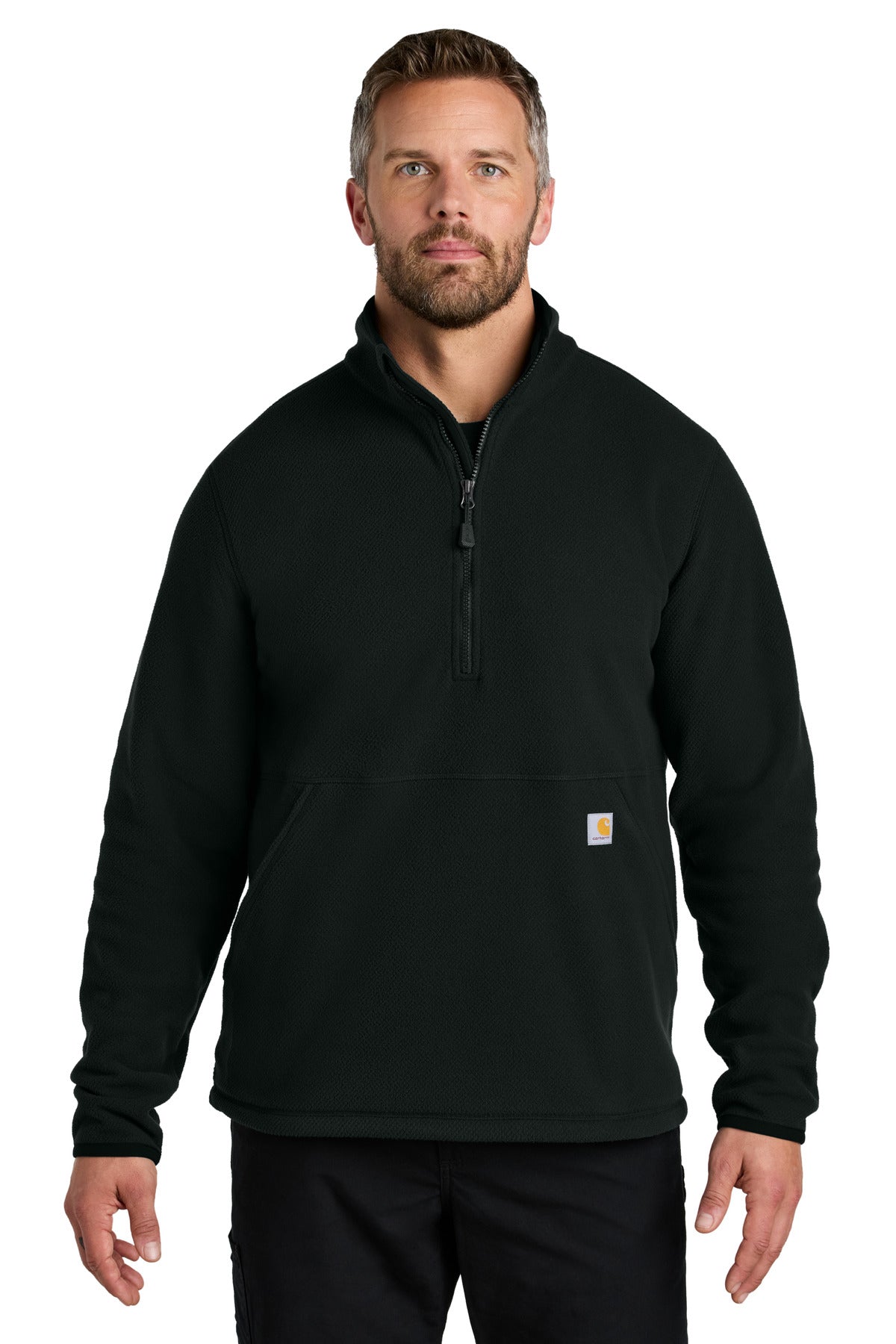 Black Carhartt textured 1/2-zip fleece jacket model front view, showcasing the cozy fleece material and quarter-zip design.
