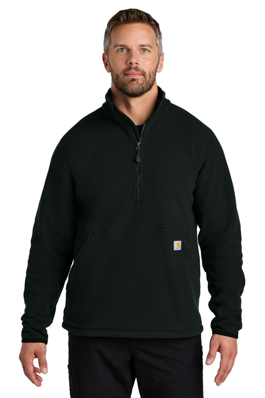 Black Carhartt textured 1/2-zip fleece jacket model front view, showcasing the cozy fleece material and quarter-zip design.