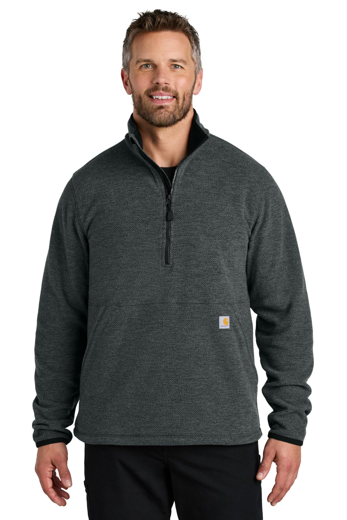Carhartt textured 1/2-zip fleece jacket in carbon heather, front view showcasing the fleece material and zip collar.