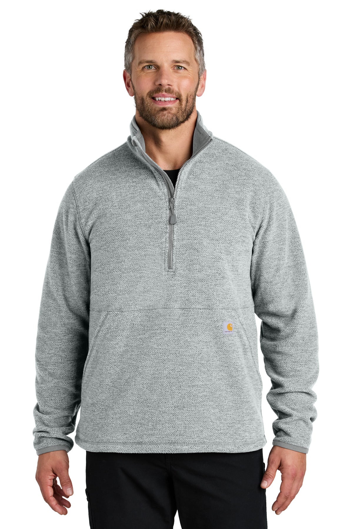 Carhartt textured 1/2-zip fleece jacket in heather grey, front view showing soft, cozy material and classic design.