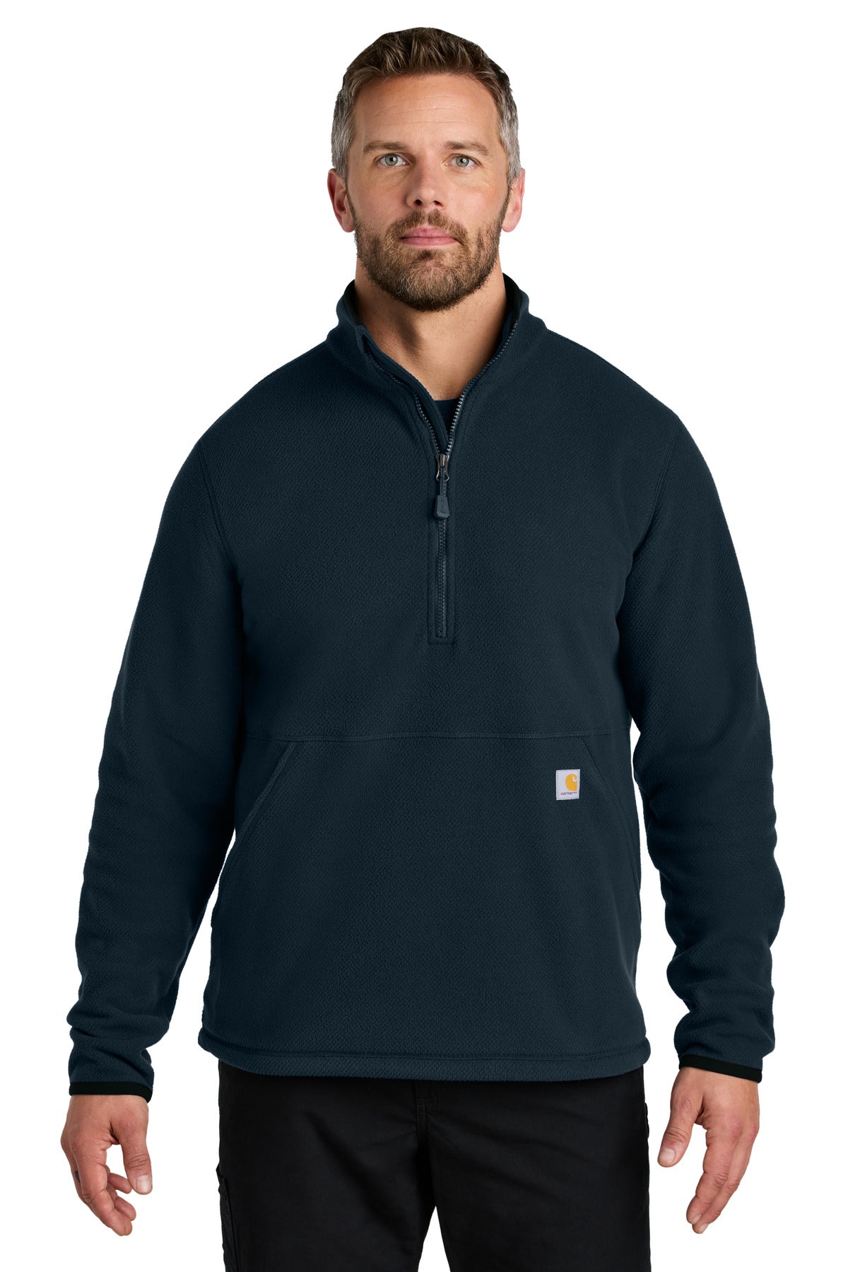 Carhartt textured navy 1/2-zip fleece jacket with front zipper and stand collar, shown from the front.