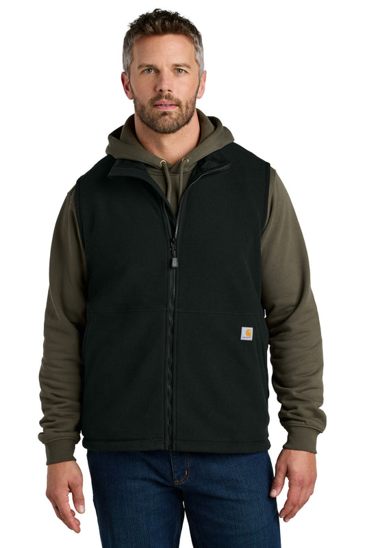 Black Carhartt textured fleece vest model front view, featuring a zip-up design and classic fit.