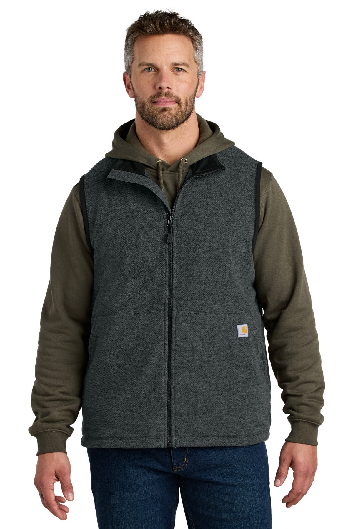 Carhartt textured fleece vest in carbon heather, front view showing cozy collar and quilted design for outdoor wear.