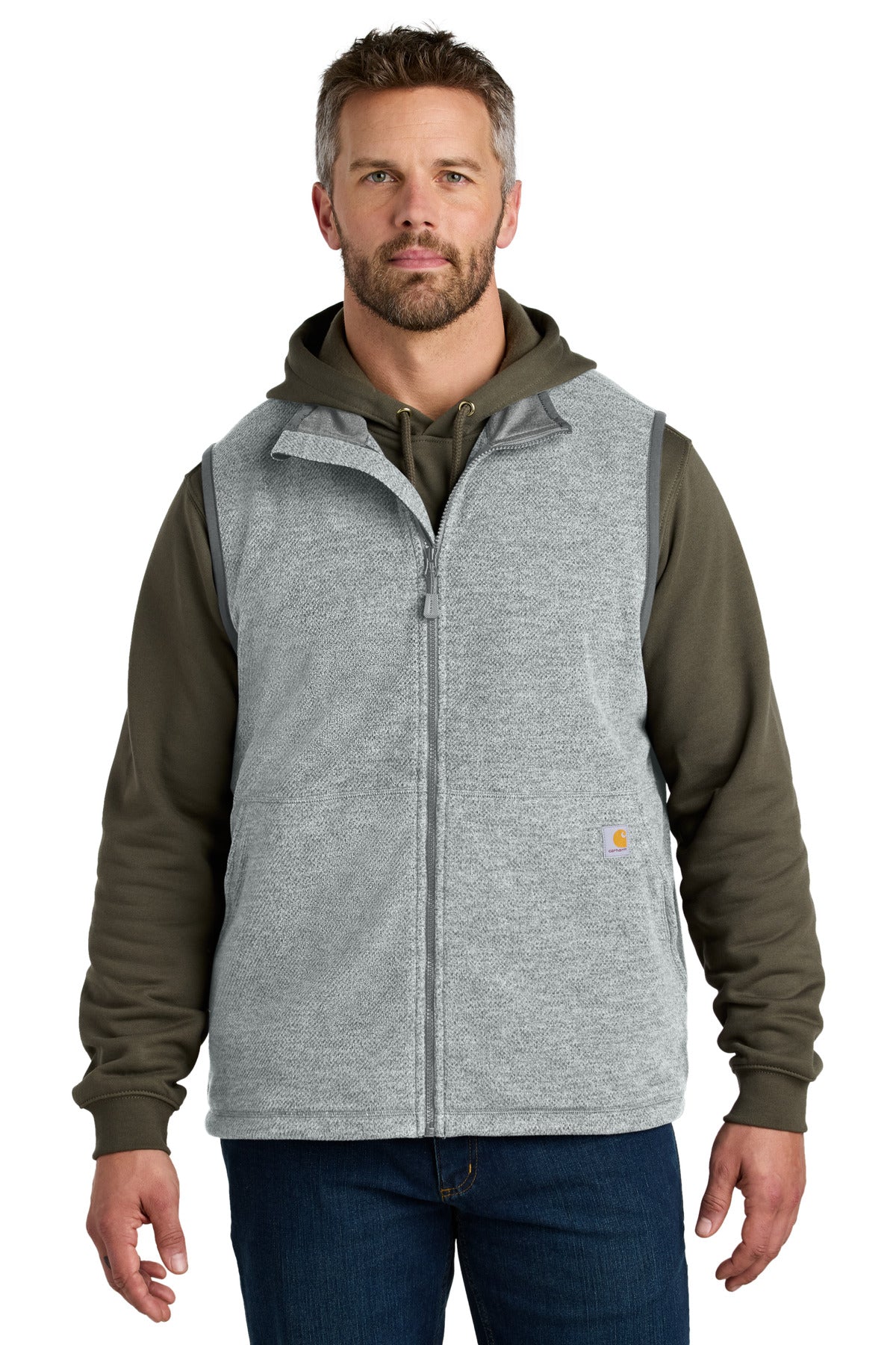 Carhartt textured fleece vest in heather gray, front view on male model, durable warm outerwear for outdoor work or casual wear.