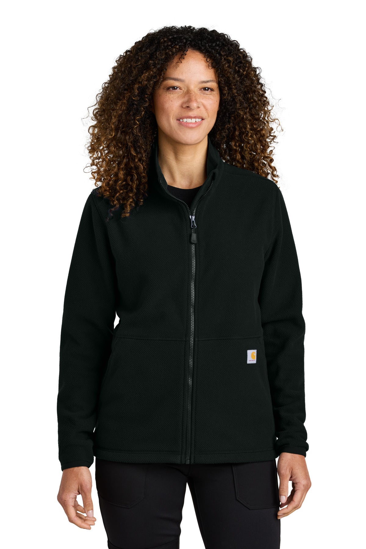 Carhartt women's textured full-zip fleece jacket in black, front view, showcasing soft fabric and stylish design.