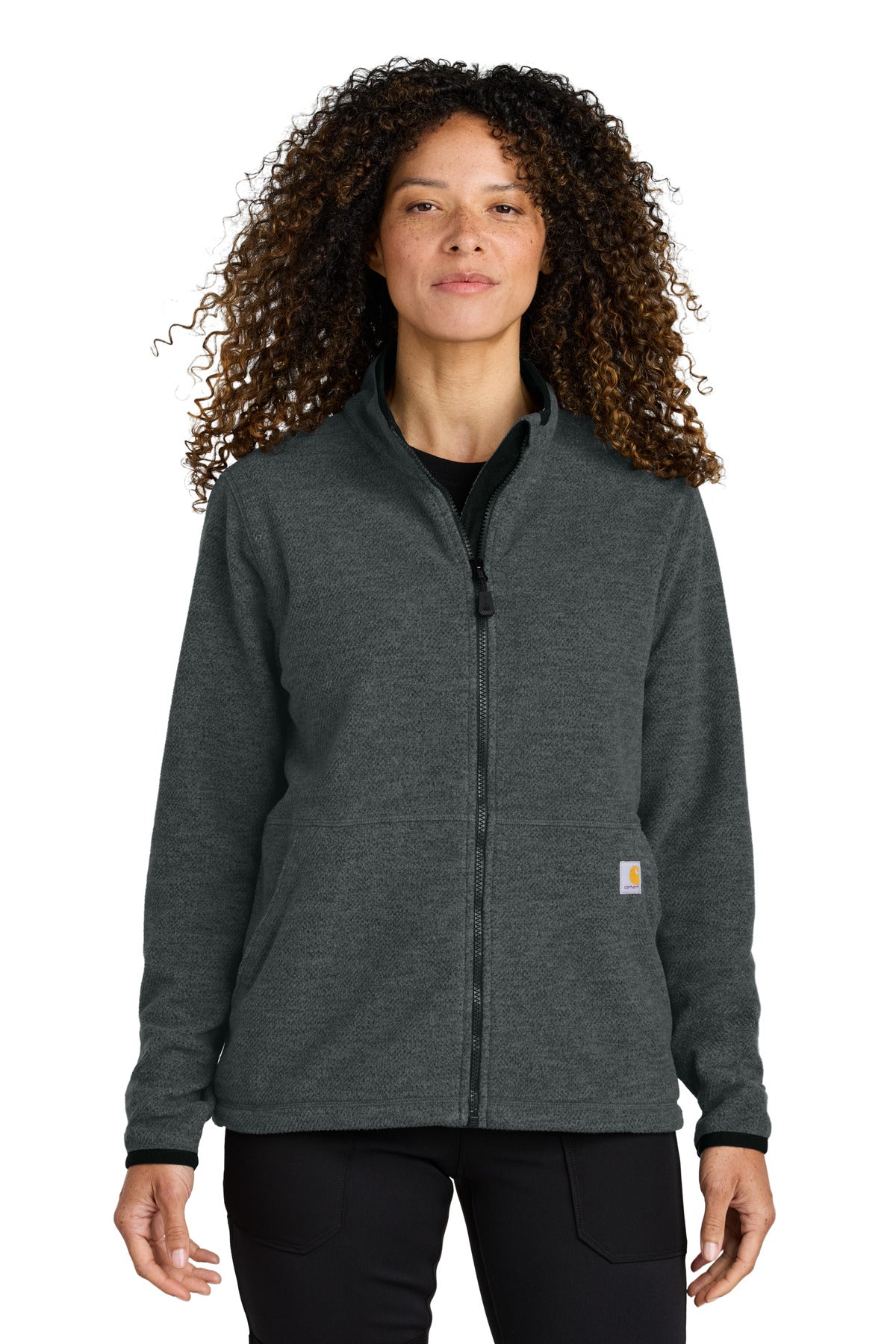 Carhartt women's textured full-zip fleece jacket in carbon heather, shown from the front with zip closure and soft fabric texture.