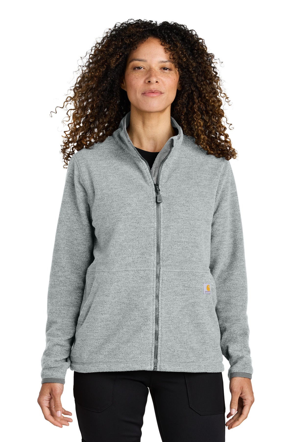 Carhartt women's textured full-zip fleece jacket in heather grey, front view showing soft, cozy fabric and full zipper design.