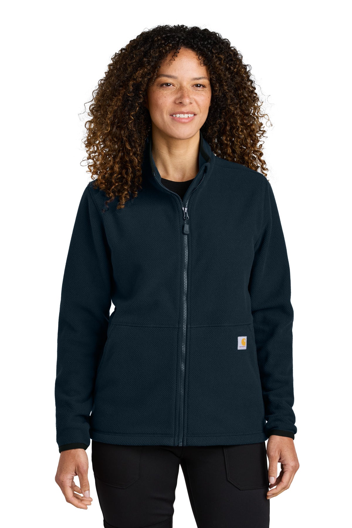 Carhartt women's navy textured full-zip fleece jacket front view showing soft fleece fabric and full zipper closure.