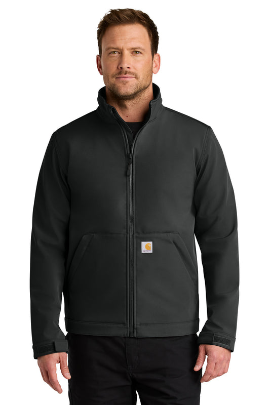 Black Carhartt Rain Defender soft shell jacket, front view showing durable waterproof material and sleek design.