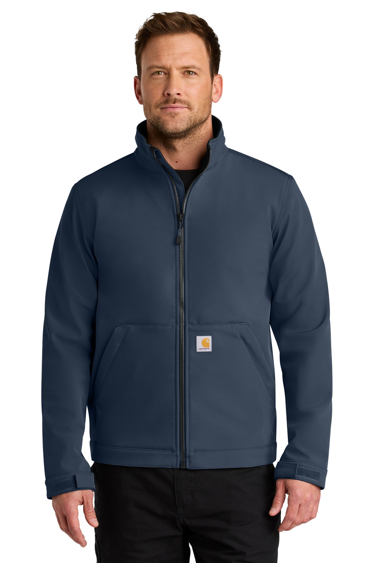 Navy Carhartt Rain Defender Soft Shell Jacket CT106438 displayed on a model, front view showing durable waterproof outer fabric.