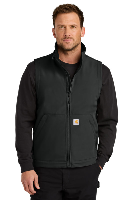 Black Carhartt Rain Defender Soft Shell Vest front view, lightweight men's vest with water-resistant fabric and adjustable collar.