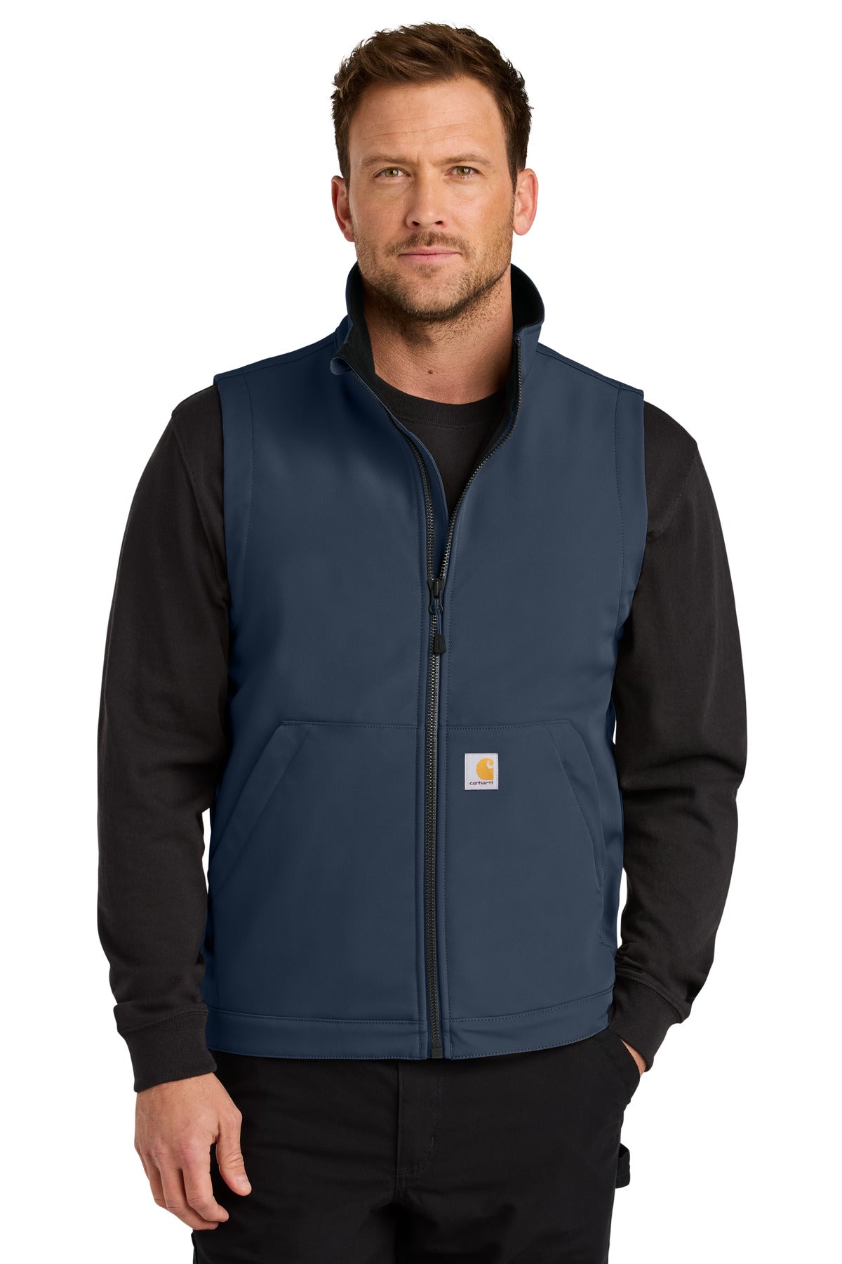 Carhartt Rain Defender soft shell vest in navy, front view showcasing durable water-resistant fabric and comfortable fit.