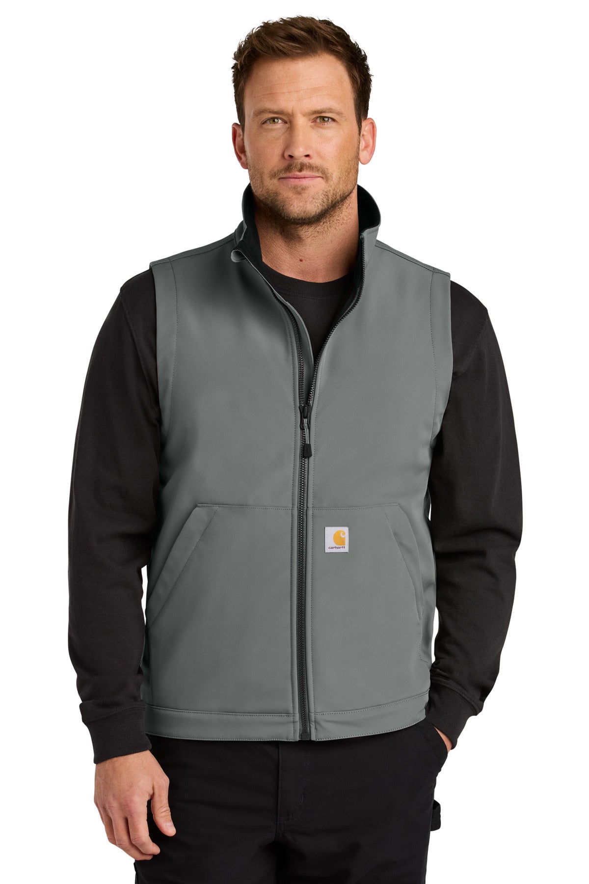 Carhartt Rain Defender soft shell vest in steel color, front view showing durable fabric and full zipper for outdoor wear.