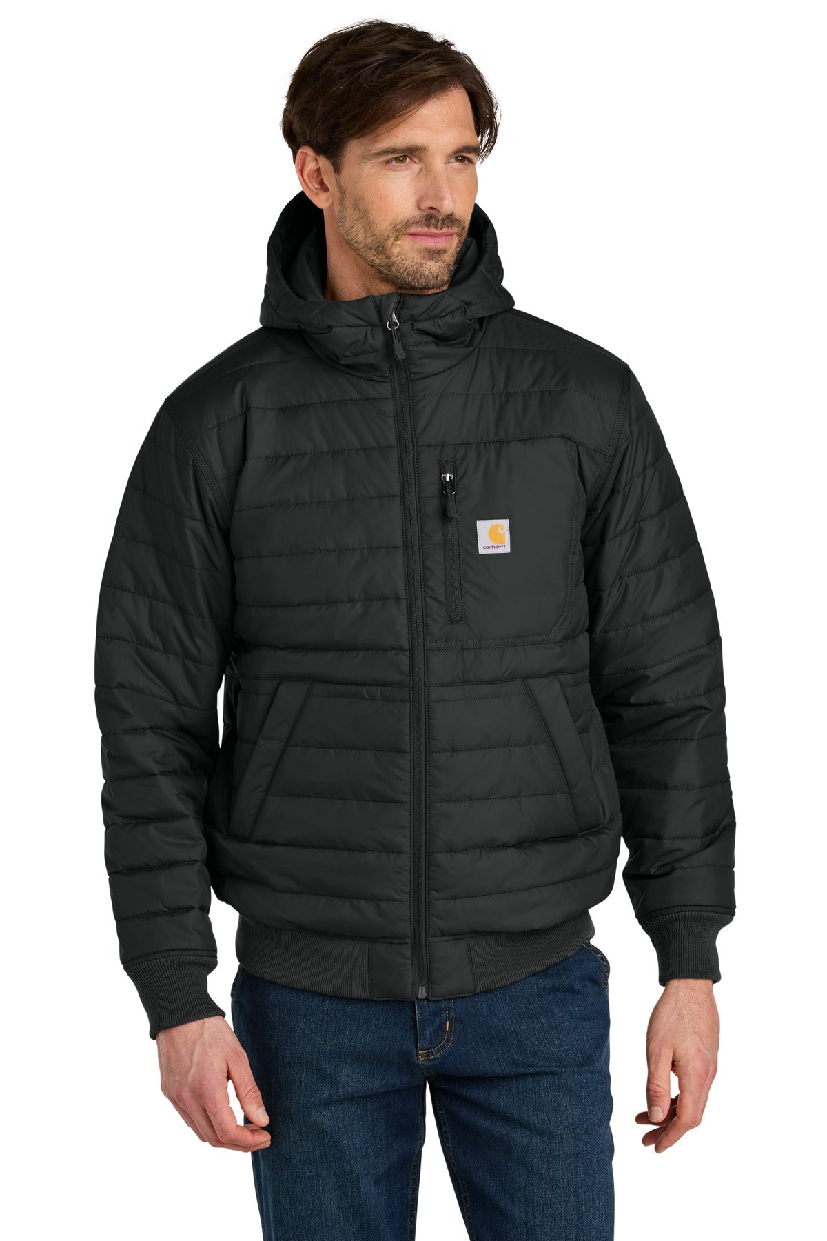 Black Carhartt Gilliam Insulated Hooded Jacket front view, showcasing its quilted design and adjustable hood for cold weather.