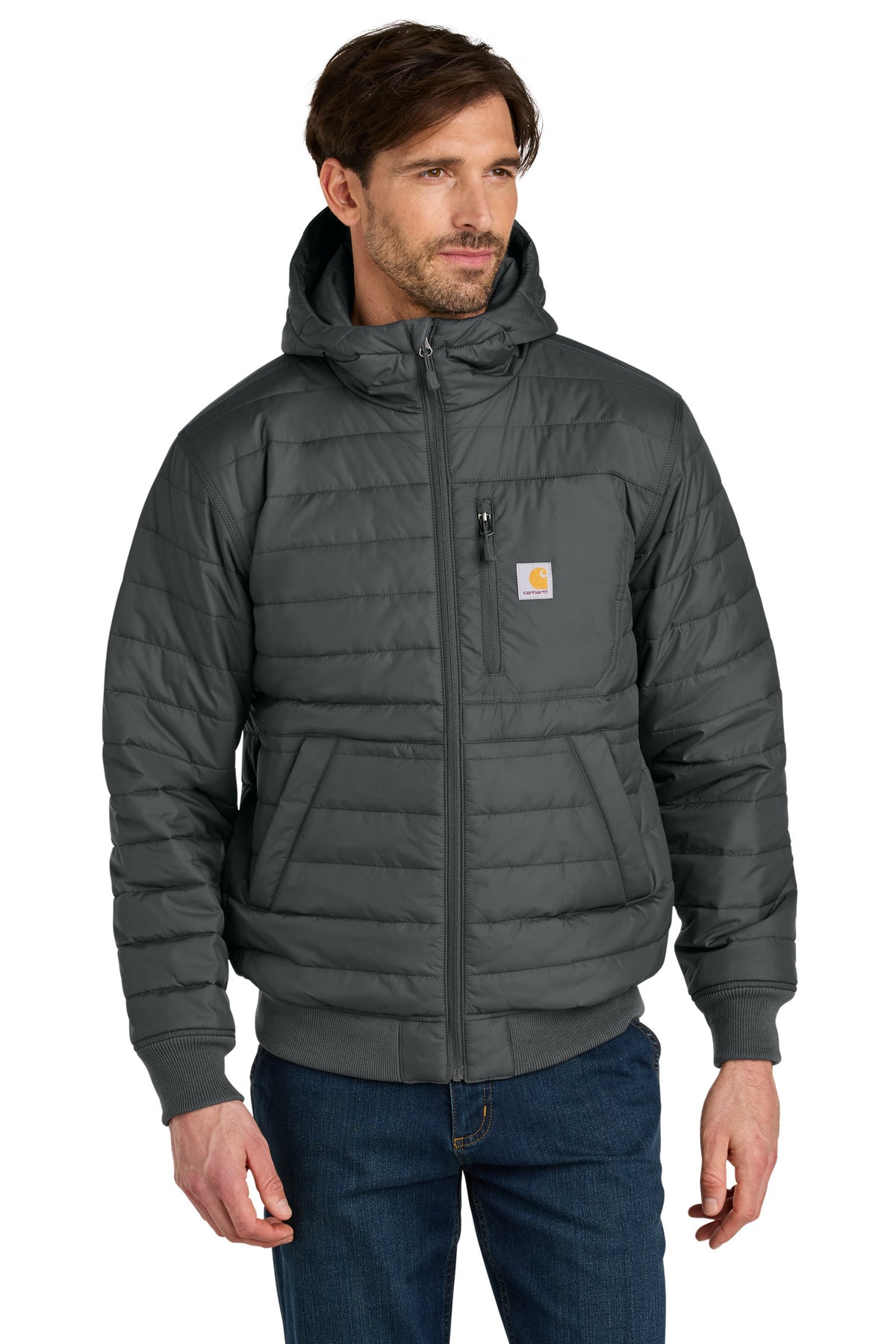 Carhartt Gilliam insulated hooded jacket in shadow grey, front view showing durable fabric and warm insulated design.