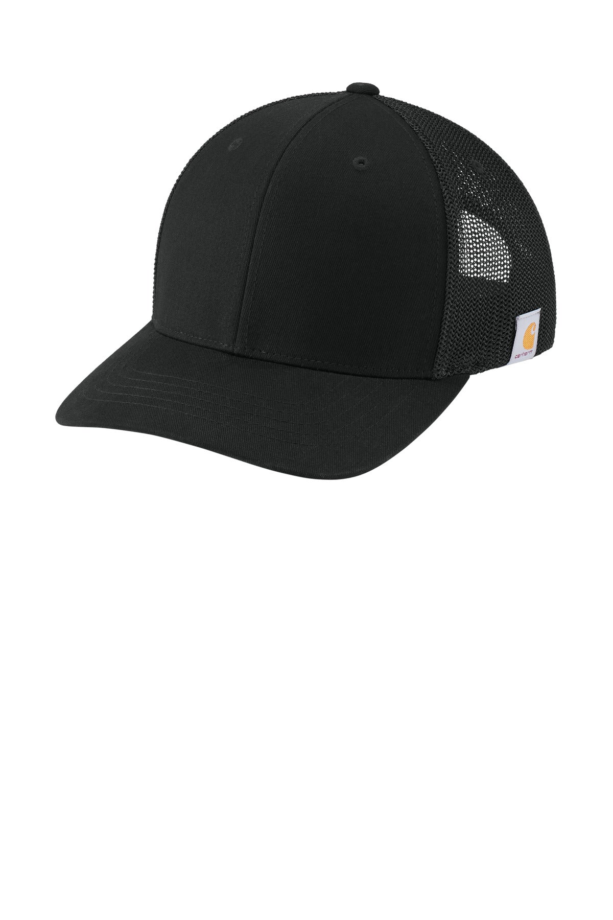 Black Carhartt Flexfit 110 mesh back cap with curved brim and adjustable strap, shown from the left angle.