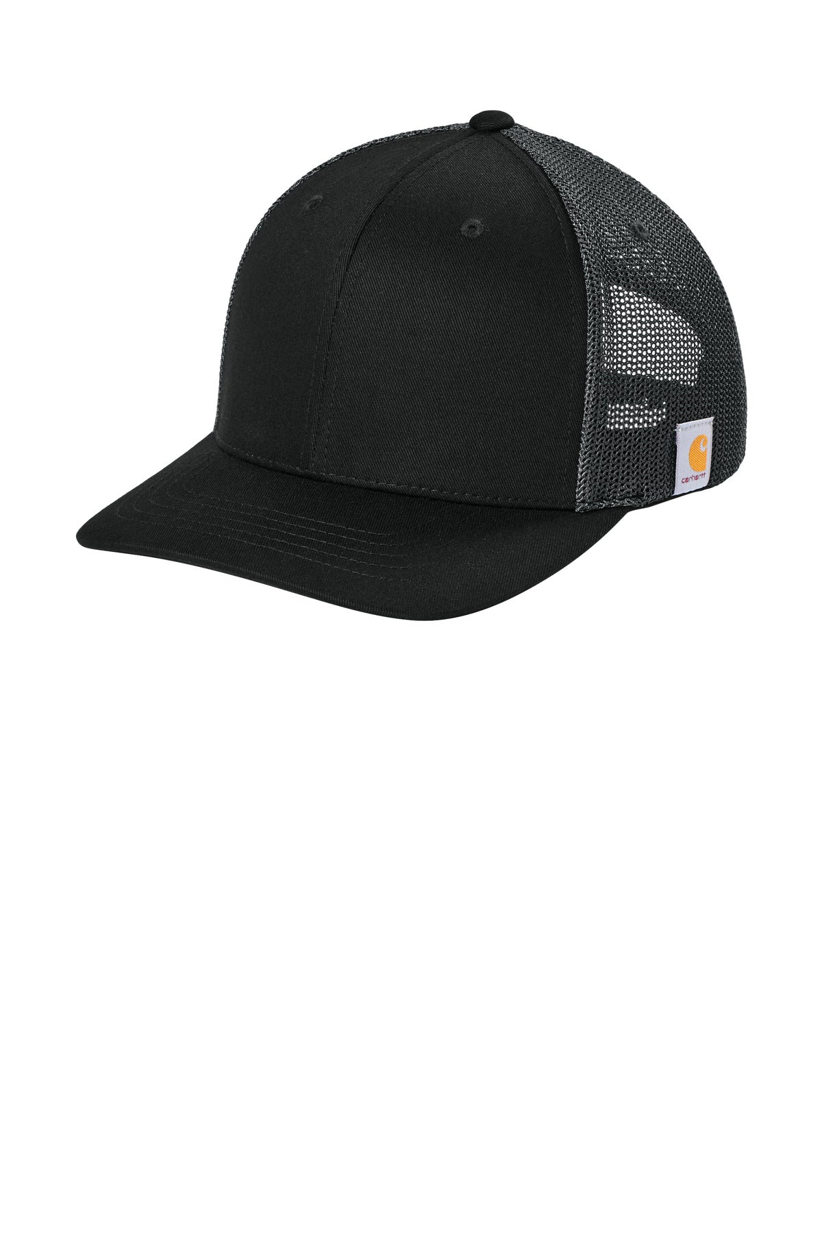 Black and asphalt grey Carhartt Flexfit 110 mesh back cap shown from the left side, featuring a structured baseball style design.