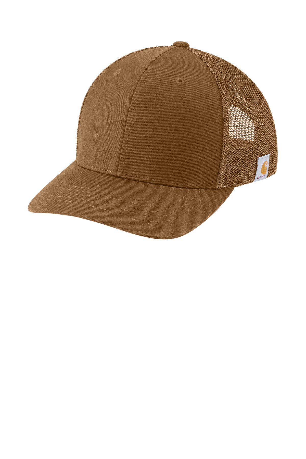 Carhartt Flexfit 110 mesh back cap in brown, showing front view with adjustable strap and breathable mesh panels.