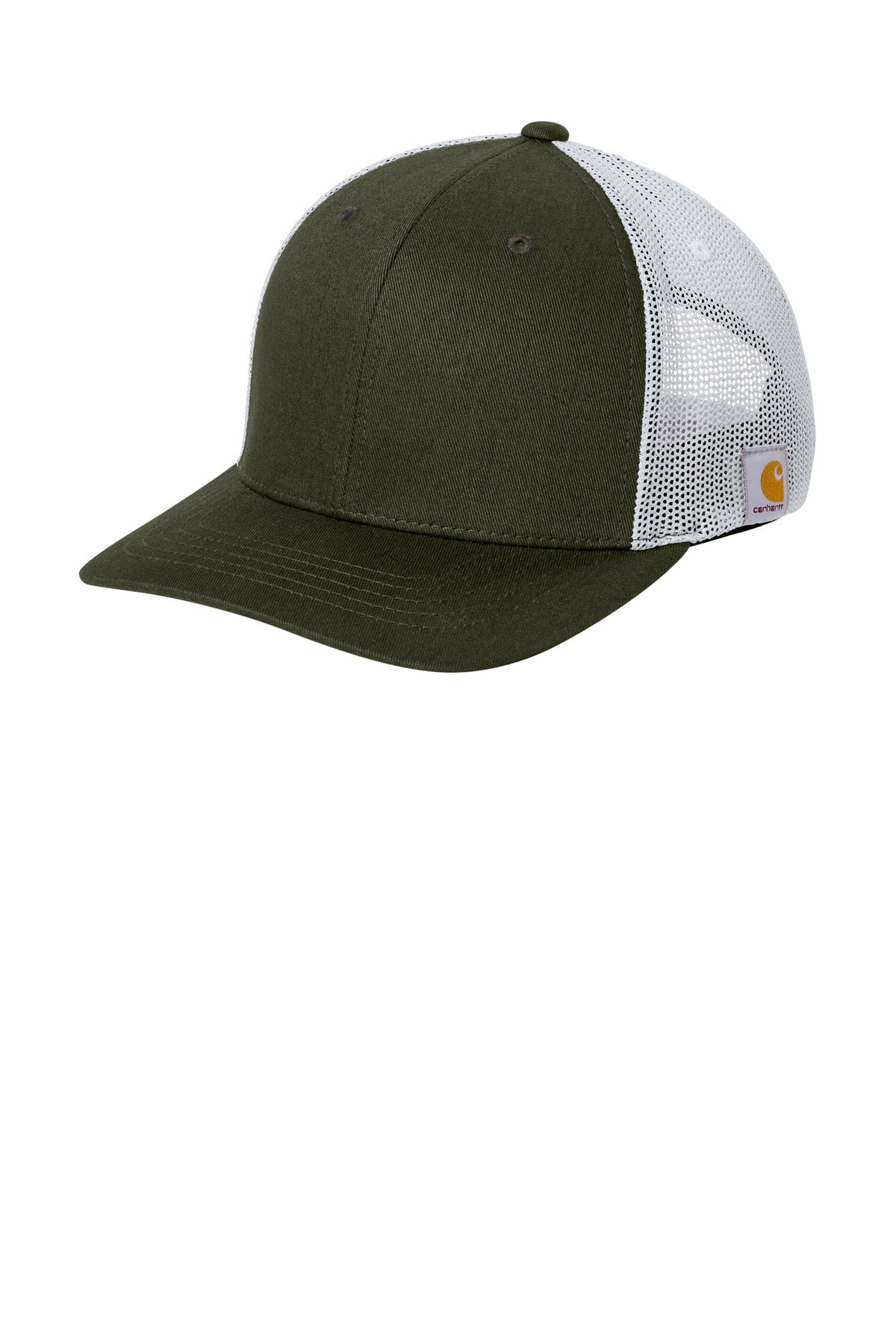 Carhartt Flexfit 110 mesh back cap in moss green and white, featuring a curved brim and breathable mesh panels.