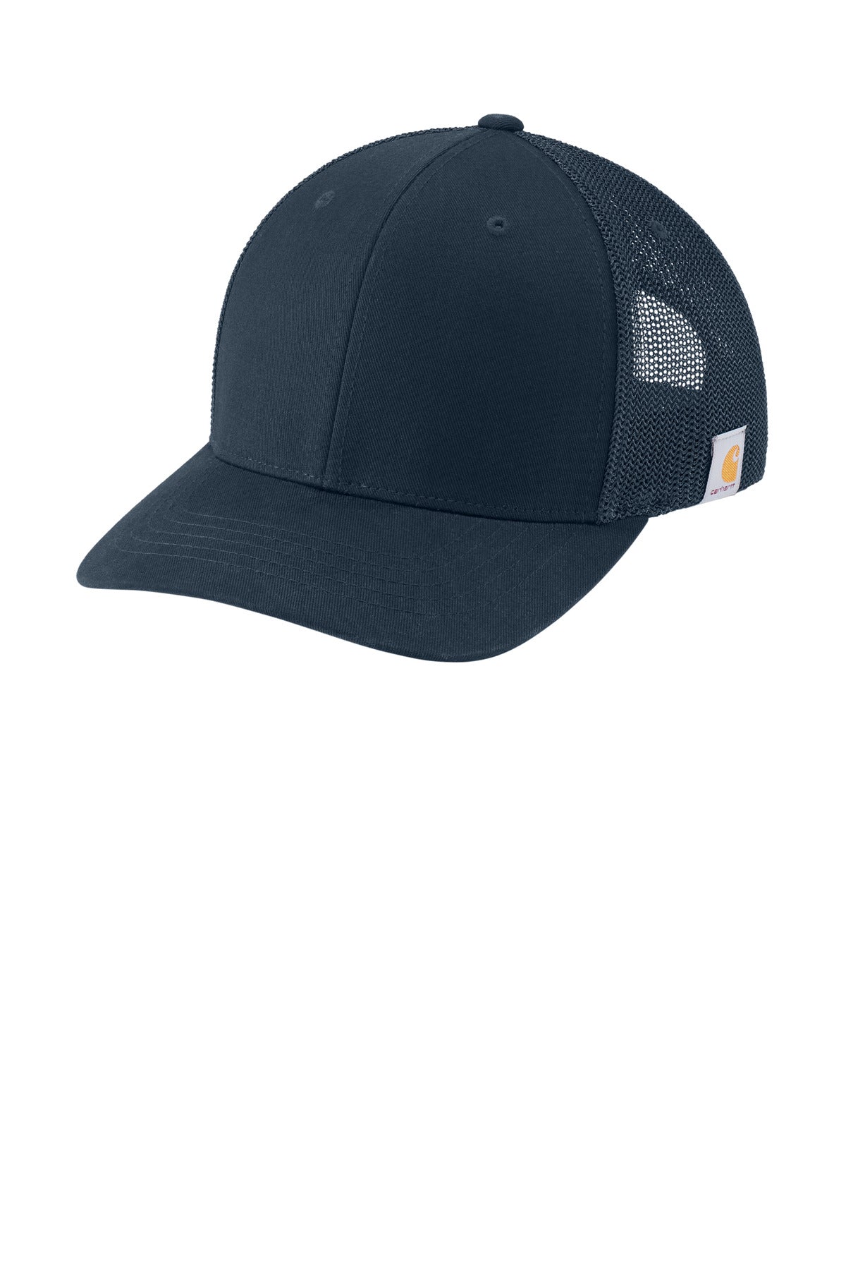 Navy Carhartt Flexfit 110 mesh back cap with curved brim and adjustable strap, comfortable and breathable for outdoor wear.