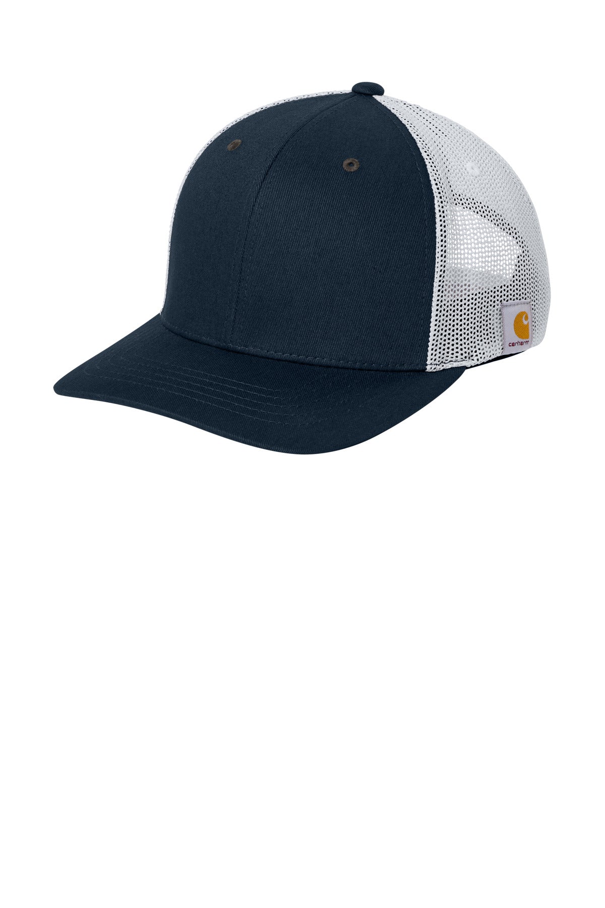 Carhartt Flexfit 110 mesh back cap in navy and white with a curved brim, adjustable fit, and embroidered logo on front.