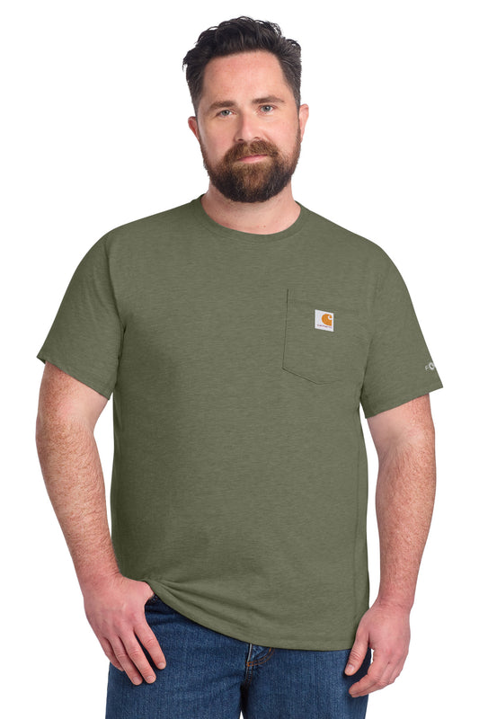 Carhartt Force short sleeve pocket T-shirt in basil heather, front view showing crew neck and chest pocket.