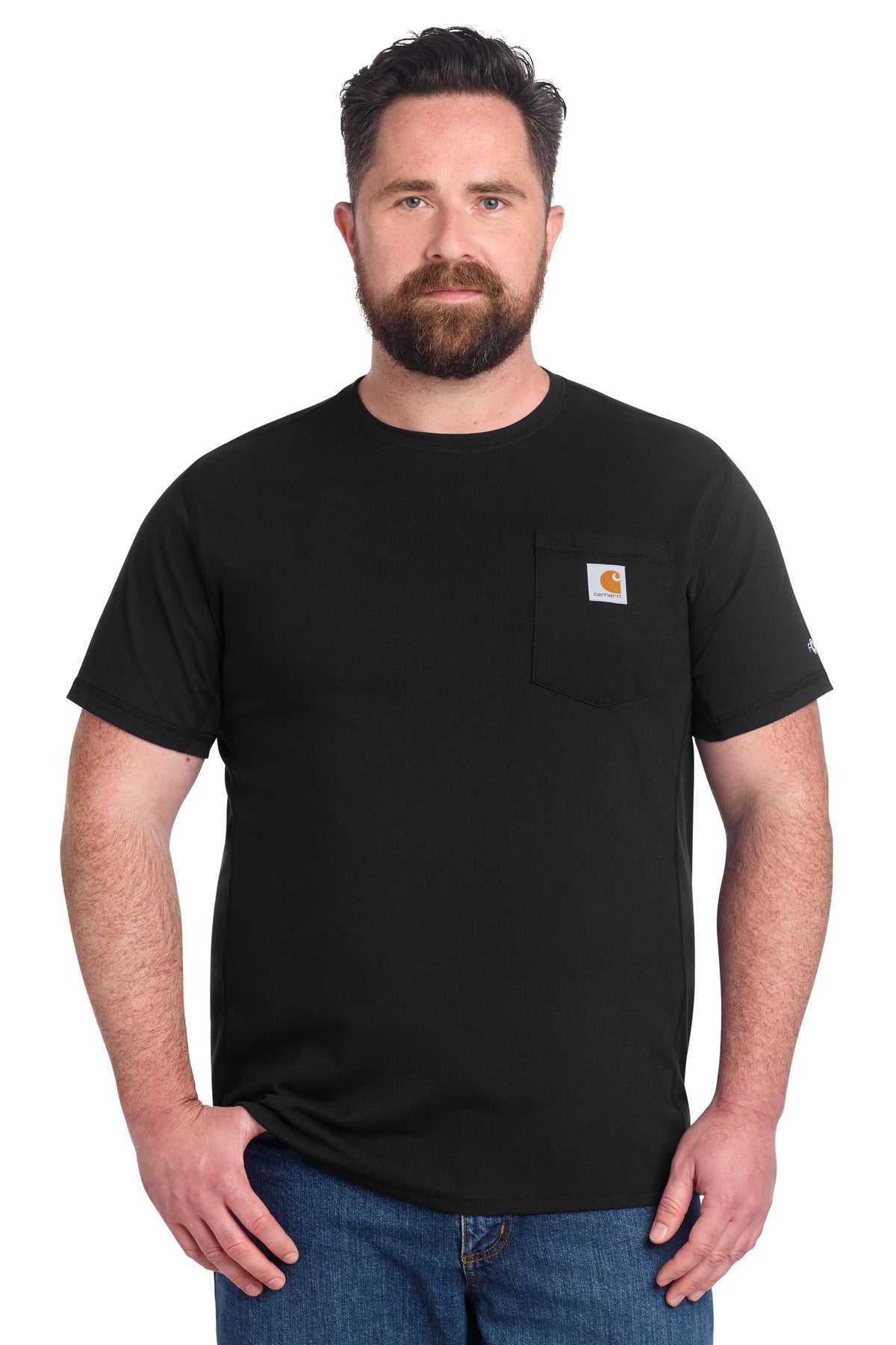 Black Carhartt Force short sleeve pocket T-shirt, front view on a model, featuring logo pocket and comfortable fit.