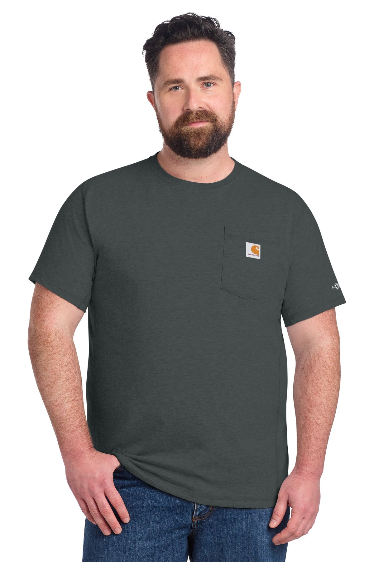 Carhartt Force short sleeve pocket T-shirt in carbon heather, front view showing chest pocket and casual fit.