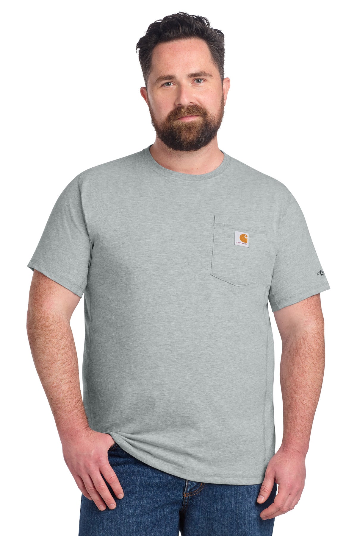 Carhartt Force short sleeve pocket T-shirt in heather grey, front view showing crew neck and chest pocket.